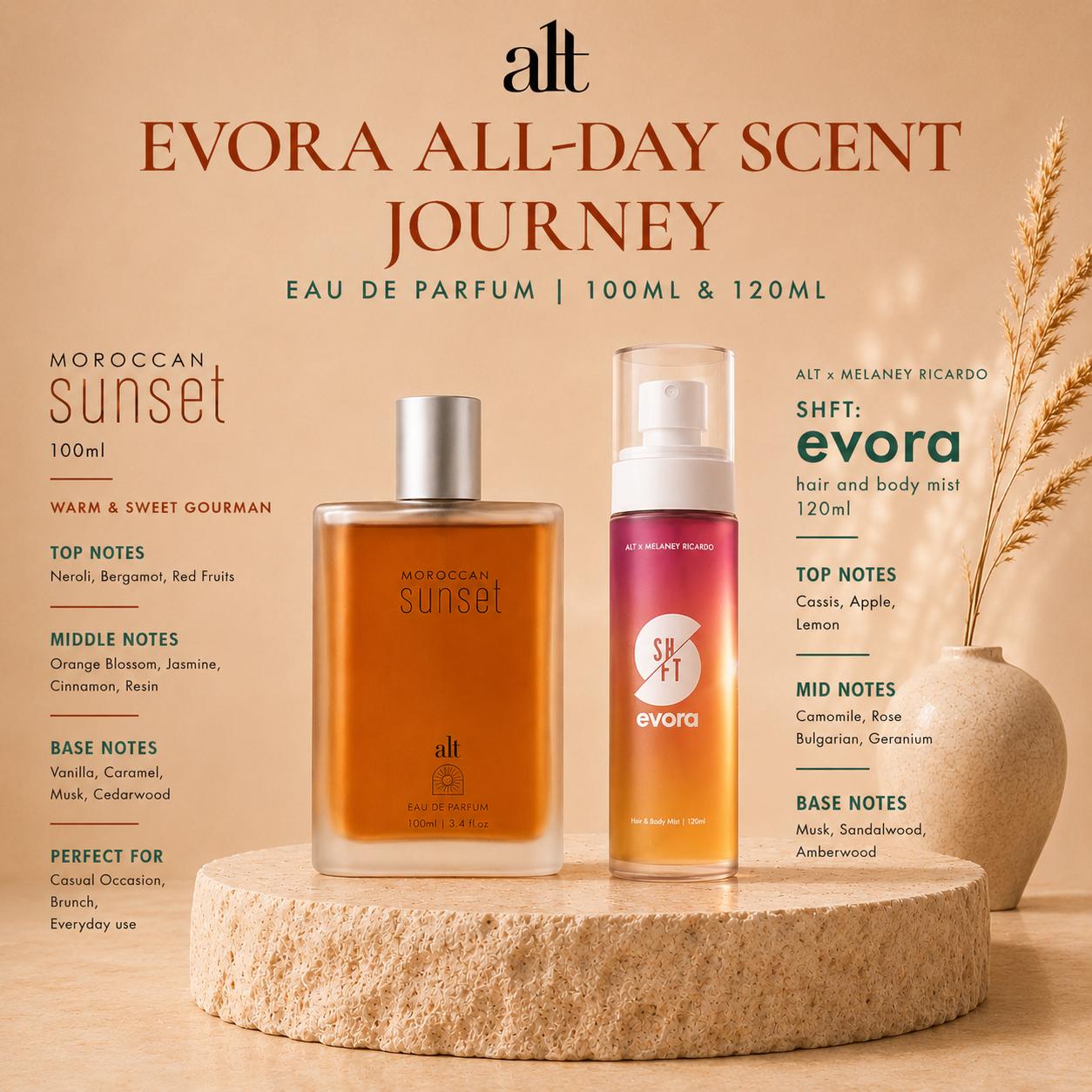 ALT Perfumery - Evora All-Day Scent Journey | Moroccan Sunset EDP 100ml | SHFT Evora Hair & Body Mist